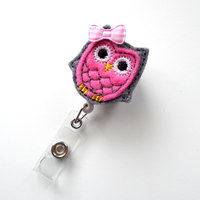 Pink and Gray Owl with bow - Cute Badge Holder - Nurses Badge Holder - Felt Badge - Nursing Badge Holder - Cute Badge Reel - RN Badge Reel - Thumbnail 2