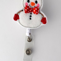 Snowman with Red Bow Tie - Retractable ID Felt Badge Holder - Holiday Badge Reel - Nurses Badge Holder - Nurse Badge - Teacher Badge - Thumbnail 1