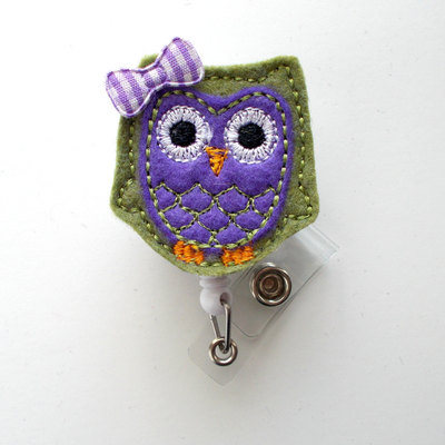 Olive and purple owl with bow - cute badge holder - nurses badge holder - felt badge - nursing badge holder - rn badge reel - teacher badge