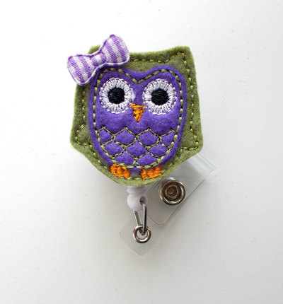 Olive and purple owl with bow - cute badge holder - nurses badge holder - felt badge - nursing badge holder - rn badge reel - teacher badge
