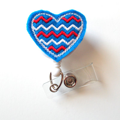 Patriotic heart chevron blue - cute badge holder - nurses badge holder - felt badge - nursing badge holder - cute badge reel - rn badge reel
