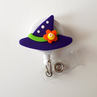 Purple Witch Hat with Flower - Name Badge Holder - Pediatric ID Badge Reel  - Nurse ID Badge Clip - Teacher Holder - RN Badge - Gift - Thumbnail 1