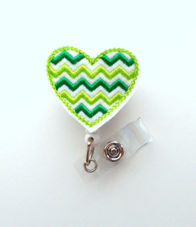 Chevron green heart - cute badge reel - nurse badge holder - nursing badge clip - teacher badge reel - rn badge clip - cardiac badge
