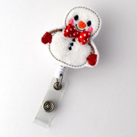Snowman with Red Bow Tie - Retractable ID Felt Badge Holder - Holiday Badge Reel - Nurses Badge Holder - Nurse Badge - Teacher Badge - Thumbnail 2