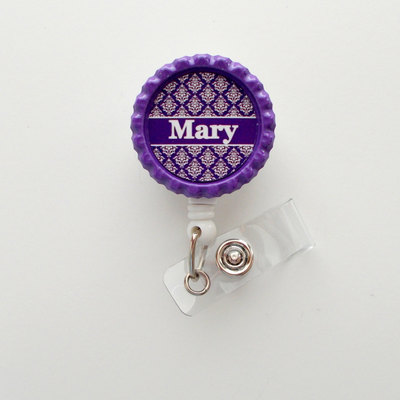 Personalized damask purple - id badge holder - badge reel - name badge holder - teacher badge - nursing badge - nurse badge holder - rn