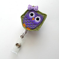 Olive and Purple Owl with bow - Cute Badge Holder - Nurses Badge Holder - Felt Badge - Nursing Badge Holder - RN Badge Reel - Teacher Badge - Thumbnail 1