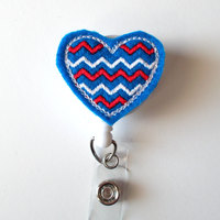 Patriotic Heart Chevron Blue - Cute Badge Holder - Nurses Badge Holder - Felt Badge - Nursing Badge Holder - Cute Badge Reel - RN Badge Reel - Thumbnail 1