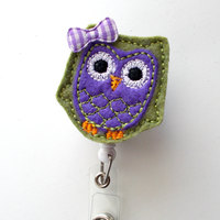 Olive and Purple Owl with bow - Cute Badge Holder - Nurses Badge Holder - Felt Badge - Nursing Badge Holder - RN Badge Reel - Teacher Badge - Thumbnail 2