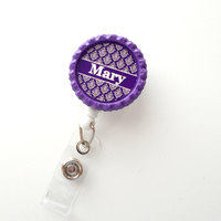Personalized Damask Purple - ID Badge Holder - Badge Reel - Name Badge Holder - Teacher Badge - Nursing Badge - Nurse Badge Holder - RN - Thumbnail 1