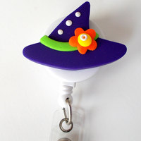 Purple Witch Hat with Flower - Name Badge Holder - Pediatric ID Badge Reel  - Nurse ID Badge Clip - Teacher Holder - RN Badge - Gift - Thumbnail 2