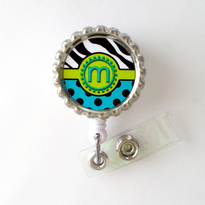 Funky initial - id badge holder - badge reel - name badge holder - bottle cap badge - nursing badge - nurse badge holder