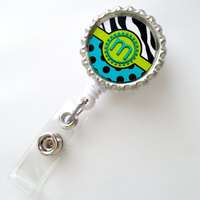 Funky Initial - ID Badge Holder - Badge Reel - Name Badge Holder - Bottle Cap Badge - Nursing Badge - Nurse Badge Holder - Thumbnail 1