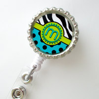 Funky Initial - ID Badge Holder - Badge Reel - Name Badge Holder - Bottle Cap Badge - Nursing Badge - Nurse Badge Holder - Thumbnail 2