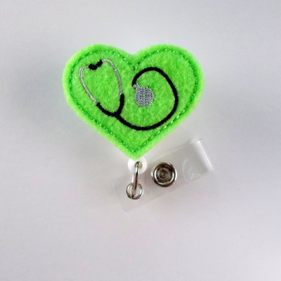 Stethoscope heart green - badge reel - medical badge holder - rn badge reel - pediatric nurse badge holder - nursing badge clip - felt badge
