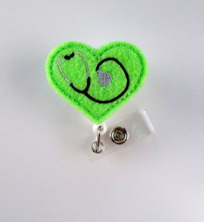 Stethoscope heart green - badge reel - medical badge holder - rn badge reel - pediatric nurse badge holder - nursing badge clip - felt badge