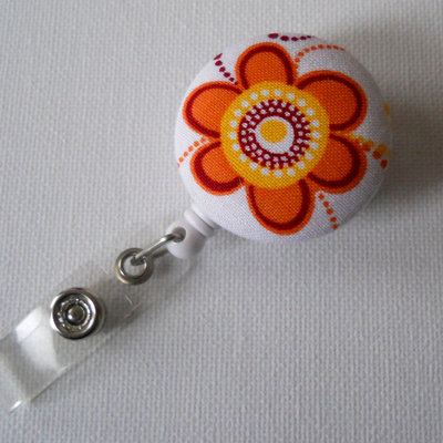 Orange flower - retractable id badge reel - fabric id badge holder - nurse badge clip - cute badge reel - nursing badge