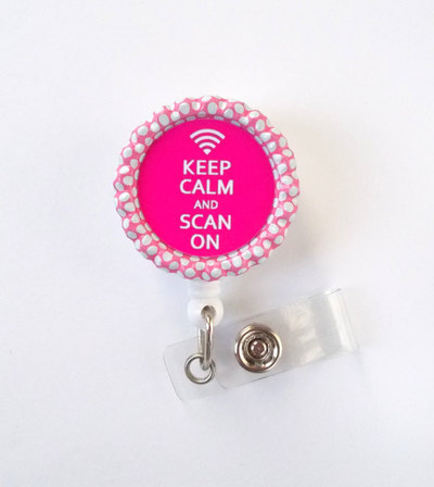 Keep calm and scan on pink badge reel - sonographer badge holder - ultrasound technician badge holder - xray technician badge - xray tech
