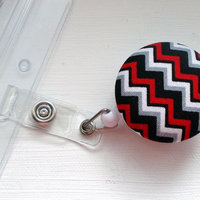Name Badge Holder - Cute Badge Reels - RN Badge - Nurse Badge Holder - Unique Retractable ID Badge Reels - Chevron Black Red White and Gray - Thumbnail 1