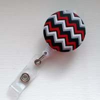 Name Badge Holder - Cute Badge Reels - RN Badge - Nurse Badge Holder - Unique Retractable ID Badge Reels - Chevron Black Red White and Gray - Thumbnail 2