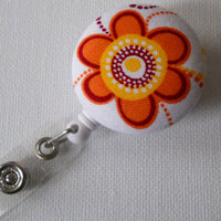 Orange Flower - Retractable ID Badge Reel - Fabric ID Badge Holder - Nurse Badge Clip - Cute Badge Reel - Nursing Badge - Thumbnail 1