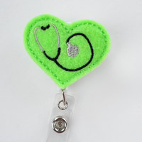 Stethoscope Heart Green - Badge Reel - Medical Badge Holder - RN Badge Reel - Pediatric Nurse Badge Holder - Nursing Badge Clip - Felt Badge - Thumbnail 2