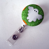Green Ghost - Retractable ID Badge Reel - Name Badge Holder - Halloween Badge Holder - Pediatric Nurse Badge - Teacher Badge Reel - Thumbnail 1