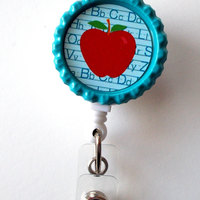 Teacher Apple Blue - School Badge Reels - Teacher Badge Holder - ID Badge Reel - Teacher Appreciation Gift - Preschool Teacher Badge - Thumbnail 1