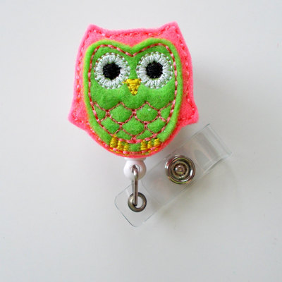 Lime green and pink owl - retractable id felt badge holder - name badge holder - nurse gift - nursing badge clip - nurse badge holder