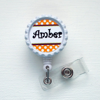 Personalized orange polka dot bottlecap - nurse badge - teacher badge reel - cute badge clip - name badge holder - graduation gift - rn