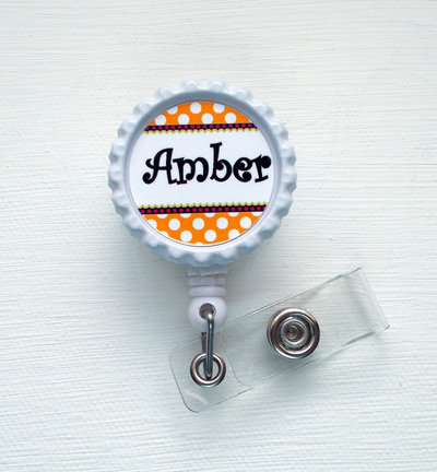 Personalized orange polka dot bottlecap - nurse badge - teacher badge reel - cute badge clip - name badge holder - graduation gift - rn