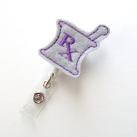 RX Mortar and Pestle Purple and Gray - RX Badge Holder - Pharmacy Badge Clip - Pharmacist Badge Reel - Pharmacist Gift - Pharmacy Assistant - Thumbnail 1