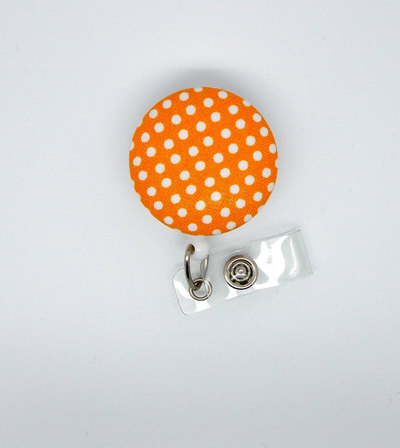 Orange polka dot - cute id badge reel - nurse badge holder - nursing badge reel - retractable id badge reel - teacher badge - hospital id
