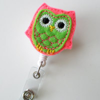 Lime Green and Pink Owl - Retractable ID Felt Badge Holder - Name Badge Holder - Nurse Gift - Nursing Badge Clip - Nurse Badge Holder - Thumbnail 2
