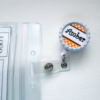 Personalized Orange Polka Dot Bottlecap - Nurse Badge - Teacher Badge Reel - Cute Badge Clip - Name Badge Holder - Graduation Gift - RN - Thumbnail 2