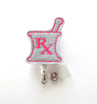 Rx mortar and pestle pink and gray - rx badge holder - pharmacy badge clip - pharmacist badge reel - pharmacist gift - pharmacy assistant id