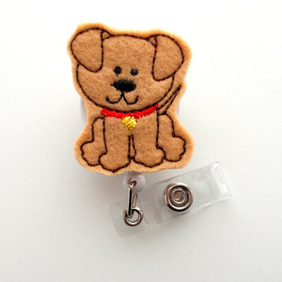 Brown puppy - retractable id badge reel - name badge holder - cute badge reel - nurse badge holder - nursing badge clip - felt badge