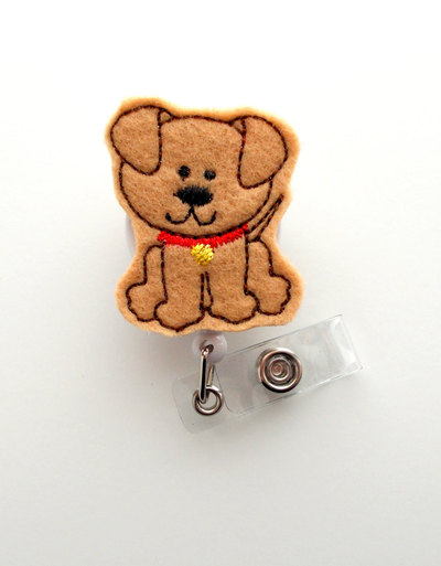 Brown puppy - retractable id badge reel - name badge holder - cute badge reel - nurse badge holder - nursing badge clip - felt badge