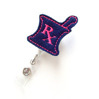 RX Mortar and Pestle Pink and Navy - RX Badge Holder - Pharmacy Badge Clip - Pharmacist Badge Reel - Pharmacist Gift - Pharmacy Assistant - Thumbnail 1