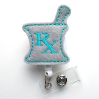 RX Mortar and Pestle Blue and Gray - RX Badge Holder - Pharmacy Badge Clip - Pharmacist Badge Reel - Pharmacist Gift - Pharmacy Assistant ID - Thumbnail 1