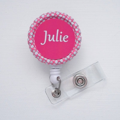 Personalized pink polka dot bottlecap/bottle cap id badge reel (retractable), handmade by jejeweled