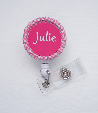 Personalized pink polka dot bottlecap/bottle cap id badge reel (retractable), handmade by jejeweled