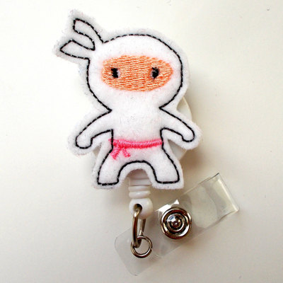 Ninja white - retractable id felt badge holder - cute badge reel - nurses badge holder - nurse badge - teacher badge