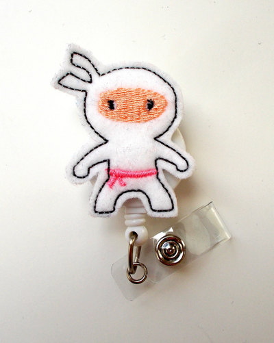 Ninja white - retractable id felt badge holder - cute badge reel - nurses badge holder - nurse badge - teacher badge