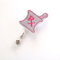 RX Mortar and Pestle Pink and Gray - RX Badge Holder - Pharmacy Badge Clip - Pharmacist Badge Reel - Pharmacist Gift - Pharmacy Assistant ID - Thumbnail 1