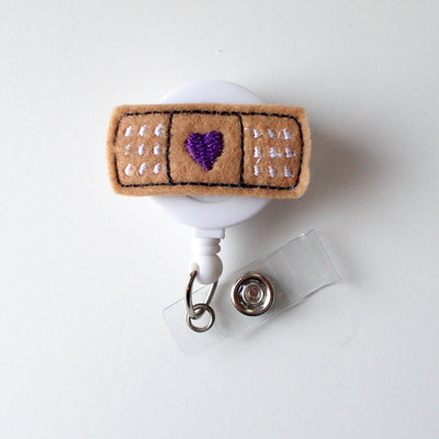 Bandaid purple heart - retractable id badge reel - md badge holder - cute badge reel - nurse badge holder - nursing badge clip - felt badge