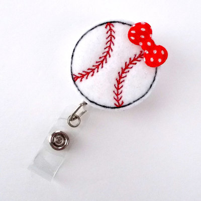 Baseball with bow - cute badge holder - sports badge holder - felt badge holder - nursing badge holder - mens badge reel - teacher badge