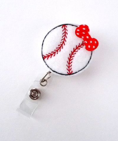 Baseball with bow - cute badge holder - sports badge holder - felt badge holder - nursing badge holder - mens badge reel - teacher badge