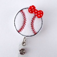 Baseball with Bow - Cute Badge Holder - Sports Badge Holder - Felt Badge Holder - Nursing Badge Holder - Mens Badge Reel - Teacher Badge - Thumbnail 1