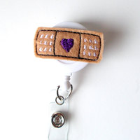 Bandaid Purple Heart - Retractable ID Badge Reel - MD Badge Holder - Cute Badge Reel - Nurse Badge Holder - Nursing Badge Clip - Felt Badge - Thumbnail 1