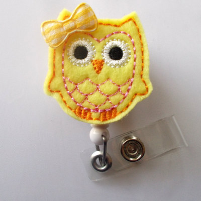 Yellow owl with bow - retractable felt badge holder - name badge holder - cute badge reel - nursing badge clip - nurse badge holder